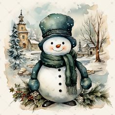 a watercolor painting of a snowman with a green hat and scarf around his neck