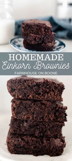 chocolate brownies stacked on top of each other with milk in the background and text overlay