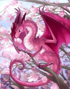 a pink dragon sitting on top of a tree branch next to blossoming trees and flowers