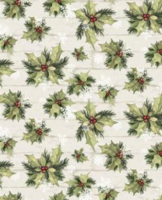 a white background with green and red christmas decorations on it's sides, including holly leaves