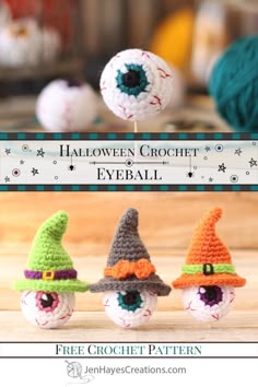 crochet halloween eyeball decorations with text overlay