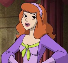 an animated image of a woman with red hair wearing a purple shirt and green tie