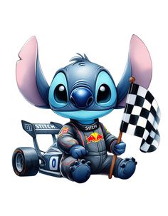 a cartoon character sitting on top of a race car holding a checkered flag and smiling