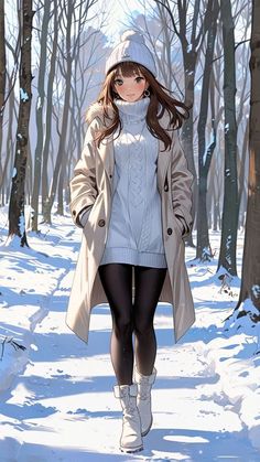 a young woman walking down a snow covered path in the woods wearing winter clothes and boots