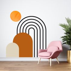 a pink chair sitting in front of a wall with an abstract painting on it's side