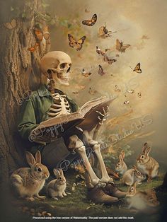 a skeleton sitting in the grass reading a book with rabbits around him and butterflies flying overhead