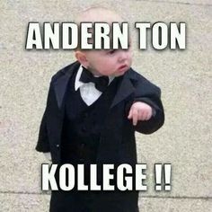 a young boy dressed in a tuxedo pointing at the camera with text reading, andern ton kollege