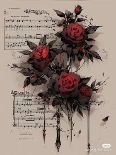 some red roses are on top of sheet music