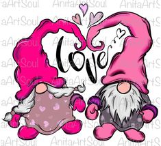 two cartoon gnomes with the word love in front of them and hearts above them