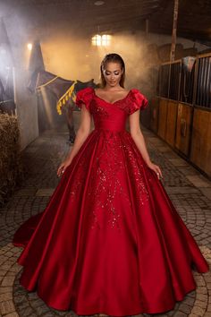 Crimson Elegance Sequined Ball Gown with Romantic Drapery – Larosabride’s Exclusive Sophisticated Patterns, Fairytale Gown, Draped Bodice, Gala Events, Breathtaking Wedding, Under The Lights, Full Skirt, Ball Gown, Formal Event