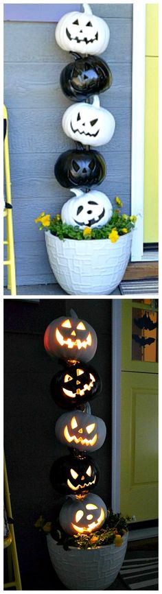 halloween decorations made out of plates and pumpkin faces on the front door, and an upside down bowl with candles in it