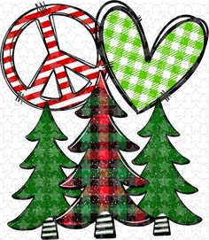 peace, love and christmas trees are in the shape of two hearts with an ornament