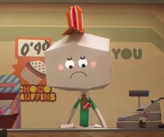 an animated image of a man with a box on his head in the middle of a room