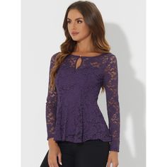 Elevate your wardrobe with this stunning peplum blouse that flatters your figure and adds an air of elegance to your essentials. This lace peplum top is a true beauty, featuring a peplum waist, a front keyhole, and intricate floral prints that are bound to turn heads. It is perfect for any occasion, including weddings, parties, cocktails, and more. You can pair it with your favorite jeans, pants, or skirts to complete a chic and sophisticated look. The fabric is not only stunning but also soft, Fitted Lace Trim Peplum Top, Fitted Peplum Tops With Lace Trim, Fitted Lace Peplum Top, Fitted Lace Patchwork Top For Work, Fitted Lace Blouse, Off Shoulder Peplum Top, Lace Peplum Top, Three Quarter Sleeve Blouses, Blouse Purple