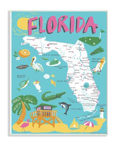 a map of florida with all the states and their major cities on it's blue background