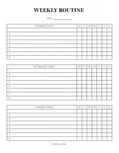 the printable weekly routine is shown in black and white