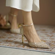 Charming Gold Pearl Rhinestone Wedding Shoes 2020 Leather Ankle Strap 7 cm Stiletto Heels Pointed Toe Wedding Heels Rhinestone Wedding Shoes, Winter Wedding Guest Dress, Bridal Heels, Rhinestone Heels, Rhinestone Wedding, Wedding Heels, 3 Inch Heels, Stylish Shoes, Gold Pearl