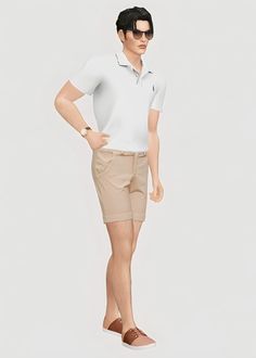 a man standing with his hands on his hips wearing shorts and a white polo shirt