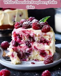 a slice of white chocolate raspberry poke cake on a plate