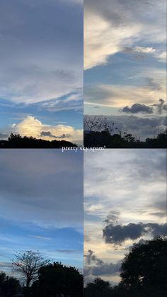 four different shots of the sky with clouds and trees in front of them, one is blue