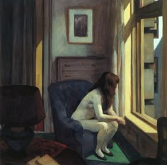 a painting of a woman sitting in a chair looking out the window