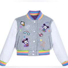 Super Cute And Vibrant Color Varsity Crop Jacket. Varsity Jacket Outfit, Jacket For Girls, Disney Jacket, Mickey And Minnie Mouse, Dog Pajamas, Purple Satin, Mickey And Minnie, Leather Sleeve, Chambray Shirt