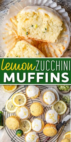 lemon zucchini muffins on a wire rack with the title overlay