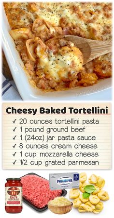 the recipe for cheesy baked tortellini is shown in an advertisement with instructions