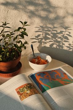 an open book sitting on top of a table next to a bowl of fruit and a plant