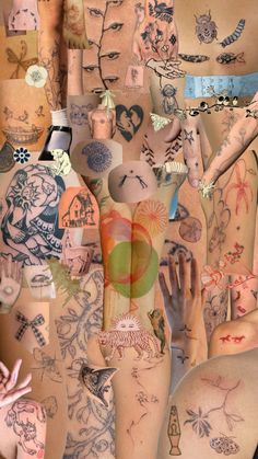 many different tattoos on the back of people's bodies and hands, all in various colors