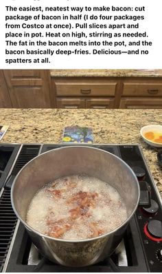 a pan on top of a stove filled with boiling water next to an empty bowl