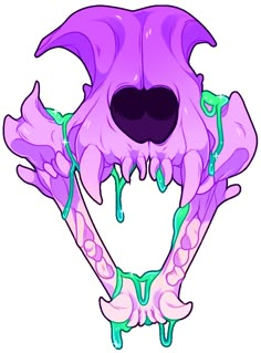 an animal's head with purple and green paint dripping down the side of it