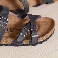 This strappy sandal mimics the classic shape of the Arizona in an elevated, feminine design that's still recognizable as a Birkenstock original. The delicate straps are fastened with an adjustable metal buckle, and the cushioning combination of suede, cork, and EVA underfoot only gets more comfortable over time. Adjustable Double Strap Footbed Sandals, Adjustable Strappy Footbed Sandals, Adjustable Strappy Footbed Sandals With Buckle Closure, Birkenstock Franca, Feminine Design, Strappy Sandals, Metal Buckles, Birkenstock, Cork