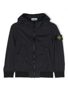 black water-resistant signature detachable Compass badge classic hood front zip fastening long sleeves ribbed cuffs and hem two side zip-fastening pockets straight hem unlined Stone Island Junior, Black Water, Kenzo Kids, Saint Laurent Shoes, Boys Jacket, Stella Mccartney Kids, Stone Island, Rain Wear, Luxury Retail