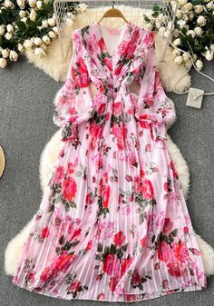 Long Sleeve Chiffon Dress, Vestidos Retro, Cheap Maxi Dresses, Print Long Dress, Dresses Ladies, Floral Pleated Skirt, Y2k Dresses, Chiffon Dresses, French Retro