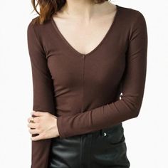 Katykey – Seductive Hollowed Neck Long-Sleeve Shirt with Stunning Rhinestone Embellishments for Sleek Layering – KatyKey Elegant Fitted V-neck Long Sleeve Top, Brown V-neck Solid Color Top, Brown Solid Color V-neck Top, Fitted V-neck Brown Blouse, Non-stretch Long Sleeve Party Tops, Elegant V-neck Top, Elegant V-neck Long Sleeve Top For Winter, Fitted Solid Brown Tops, Elegant Solid Color Party Tops