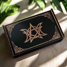 a black and gold box sitting on top of a table next to some green plants