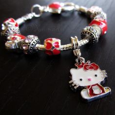 Red Hello Kitty Princess European Charm Bracelet With Ruby Red Rhinestone Beads Cute Red Bracelet Jewelry, Hello Kitty Jewelry For Valentine's Day Gift, Red Charm Bracelet With Lobster Clasp As Gift, Red Nickel-free Charm Bracelet As Gift, Red Nickel-free Charm Bracelet For Gift, Nickel-free Red Beaded Bracelet As Gift, Hello Kitty Princess, Red Hello Kitty, Cat Princess