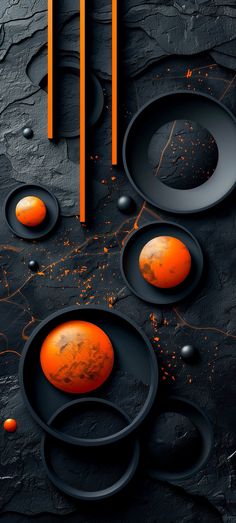 an abstract painting with orange and black colors