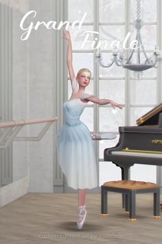 a woman in a blue dress is standing next to a piano and holding her arms up