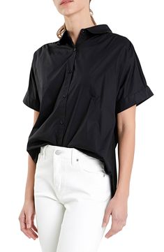 A jersey back panel adds a contrasting texture to a button-front top that's a casual yet sophisticated closet staple. Front button closure Spread collar Short sleeves 100% cotton with 68% rayon, 27% nylon, 5% spandex contrast Hand wash, dry flat Imported Versatile Cotton Tops With Button Closure, Chic Tops With Placket And Shirttail Hem, Black Tops With Buttons And Shirttail Hem, Business Casual Cotton Blouse With Shirttail Hem, Business Casual Tops With Shirttail Hem And Placket, Business Casual Tops With Shirttail Hem And Button Closure, Chic Business Casual Tops With Shirttail Hem, Chic Shirttail Hem Tops For Business Casual, Cotton Blouse With Shirttail Hem For Business Casual