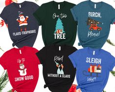 six t - shirts with christmas designs on them, all in different colors and styles