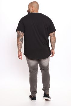 Available In Black, White, Heather Grey, And Tan. Crew Neck Short Sleeve Scallop Hem 100% Cotton Imported | Mens Essential Basic Scallop Tee Shirt in Black size XL by Fashion Nova Black Casual T-shirt With Shirttail Hem, Casual Black T-shirt With Shirttail Hem, Urban Stretch Short Sleeve T-shirt, Casual Black Tops With Shirttail Hem, Casual Black Top With Shirttail Hem, Moto Jeans, White Heather, Scallop Hem, Button Down Shirt Mens