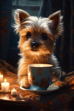 a painting of a small dog sitting in front of a coffee cup with tea lights