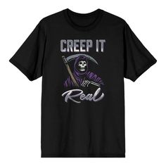 Creep it real with this apparel featuring a big, bold graphic of the Grim Reaper and the punny phrase, “Creep It Real”—an eye-catching and humorous image that has been professionally printed for long-lasting print quality. Thoughtfully designed for comfort and style, this apparel is made of high-quality materials that make it perfect for all-day, everyday wear. And when it’s time for cleaning, simply machine wash it cold and tumble dry on low for effortless care. Creep It Real, The Grim Reaper, Sleeve Packaging, The Grim, Grim Reaper, Funny Tshirts, Cotton Material, Black Shirt, Fitness Fashion