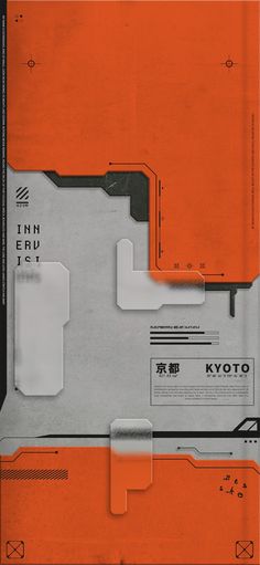 an orange and grey poster with some type of information on it's side,