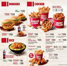 the menu for burgers and chicken is shown