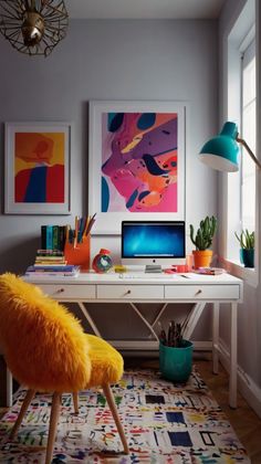 a desk with a laptop and some plants on it in front of two pictures hanging on the wall