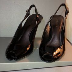 Ann Taylor Black Patent Leather Perp Toe Sling Back High 4” High Heel Shoes. New In Original Box With Original Packaging Materials Band Tags. Black Soles In New /Never Worn Condition. No Scuffs Or Damage, Just Tried On In Store, Not Worn. Leather And Soles Are In New Excellent Condition-No Defects, Classic Open Toe Slingback Sandals For Office, Sleek Open Toe Slingback Sandals For Work, Open Toe Patent Leather Slingback Pumps For Evening, Evening Patent Leather Closed Toe Slingback Sandals, Evening Patent Leather Open Toe Slingback Pumps, Evening Open Toe Patent Leather Slingback Pumps, Open Toe Slingback Pumps For Office, Black Open Toe Slingback Pumps For Office, Sleek Patent Leather Slingback Pumps With Open Toe