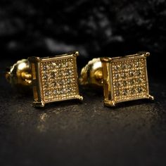 Mens Small 14k Yellow Gold Plated 925 Sterling Silver Canary Yellow 5a Cz Cubic Zirconia Hypoallergenic Square Flat Screen 7mm Iced Hip Hop Micro Pave Stud Screw Back Earrings For Men These Small Square Earrings Are 7mm In Size And Have A Micro Pave Setting Of Beautiful And Elegant 5a Cz Canary Yellow Stone Hand Set. Mens Large Flat Screen Screwback Micro Pave Earrings That Fit Any Standard Piercing Post Hole. You Can’t Go Wrong With These Flat Screen Square Studs. Hip Hop Style Gold Sterling Si Gold Earrings With Pave Setting For Gift, Guys Ear Piercings, Earrings Men, Studs For Men, Mens Earrings Studs, Stud Earrings For Men, Earrings For Men, Hip Hop Style, Square Earrings Studs